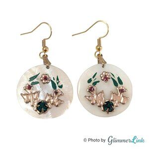 Vintage Mother of Pearl Floral Bird Dangle Earrings Rhinestones